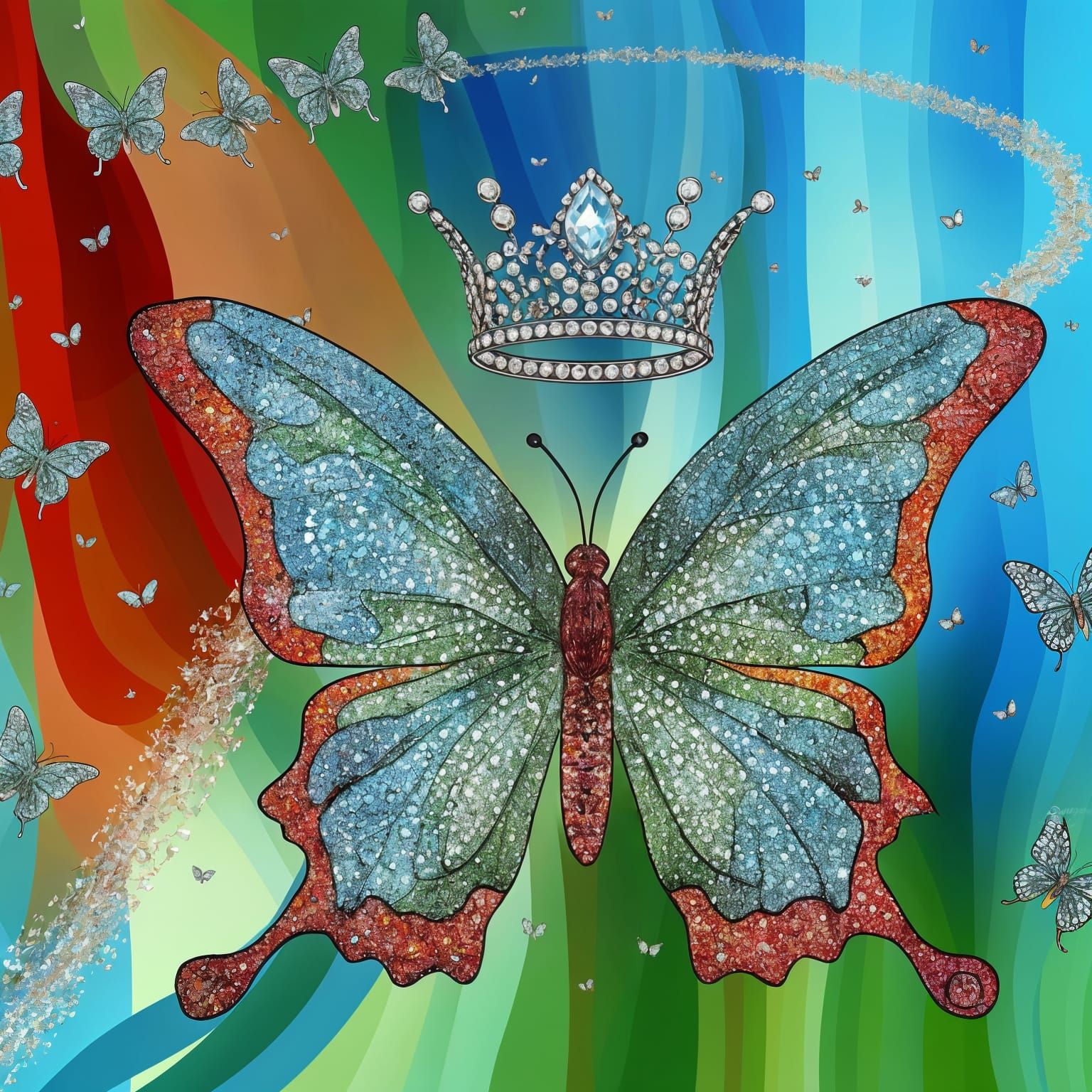Queen Butterfly with Diamond Tiara in Abstract Art