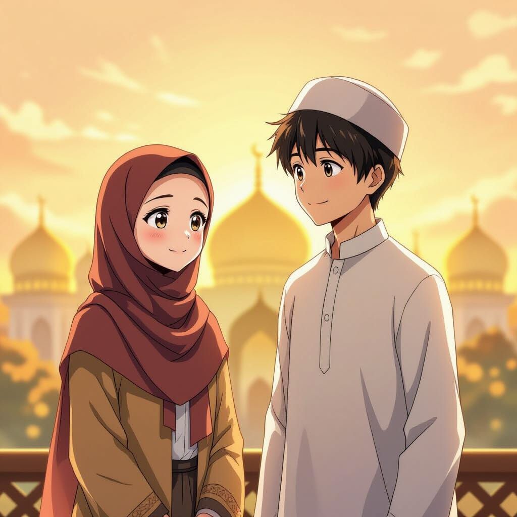 Hopeful Muslim Girl & Boy by Masjid Dome in Anime Style