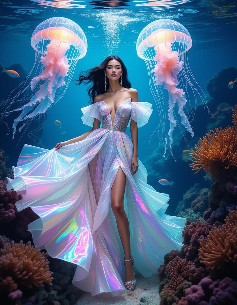 An avant-garde fashion model adorned in an outfit inspired b...