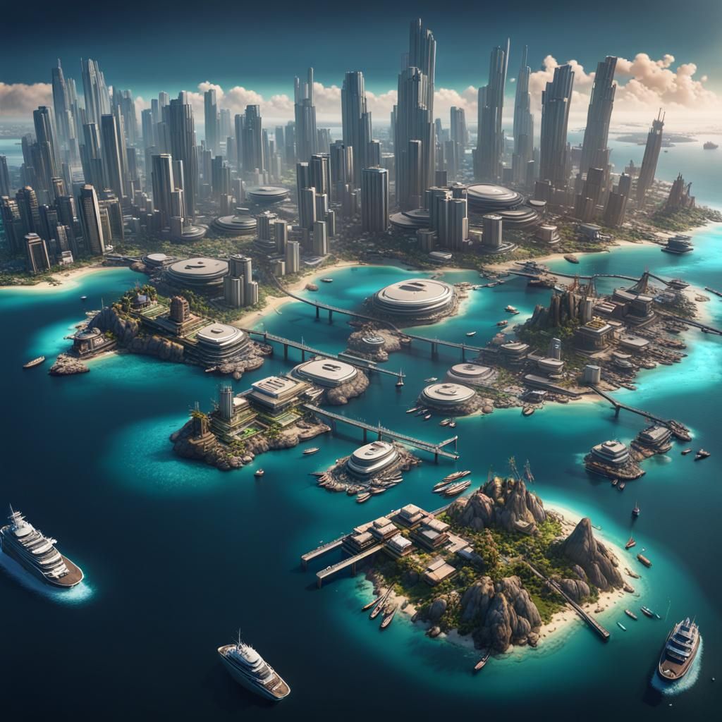 Cyberpunk Coastal State from Above: 3D Rendering