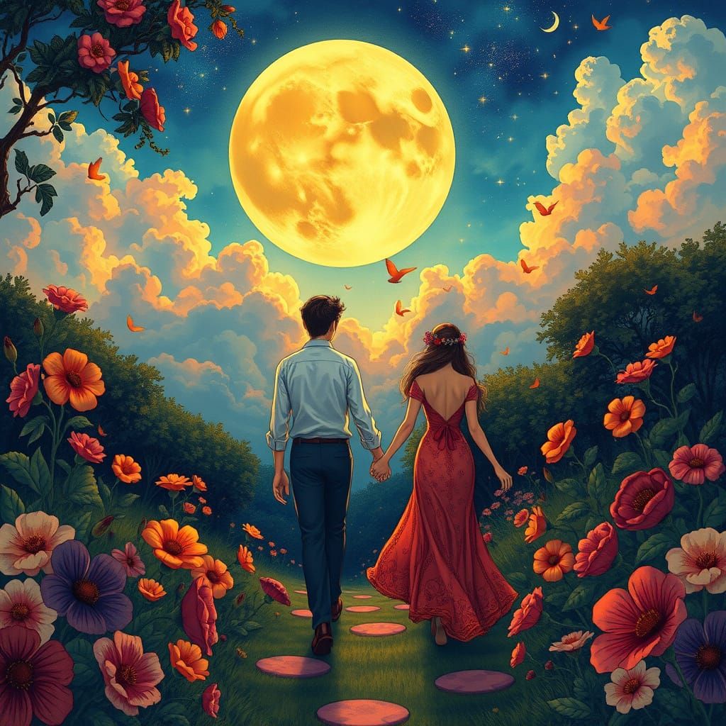 Romantic Couple Under Moonlit Sky in Art Nouveau Style