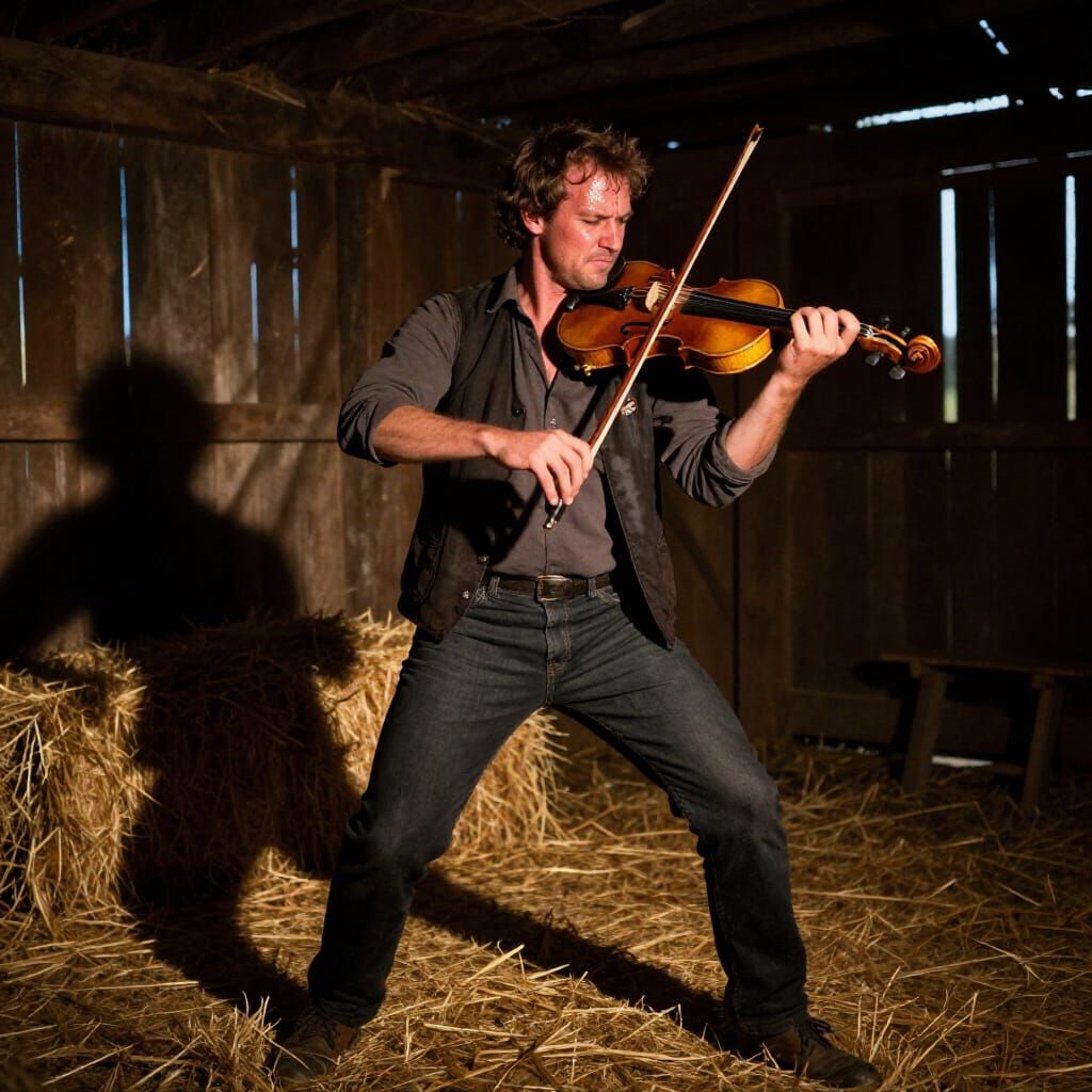 Musician's Intense Fiddle Performance in Barn
