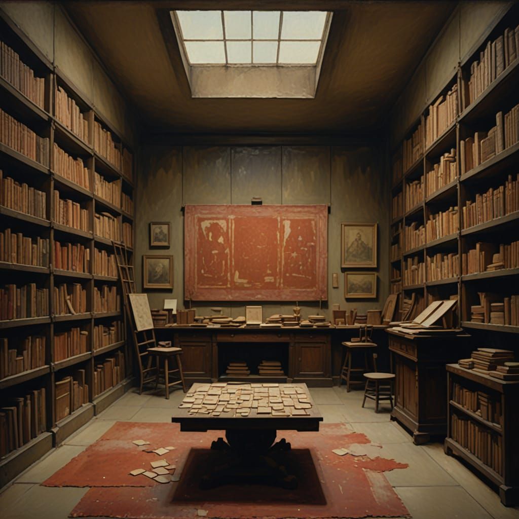 Ancient Records Room in Impressionist Gouache Style