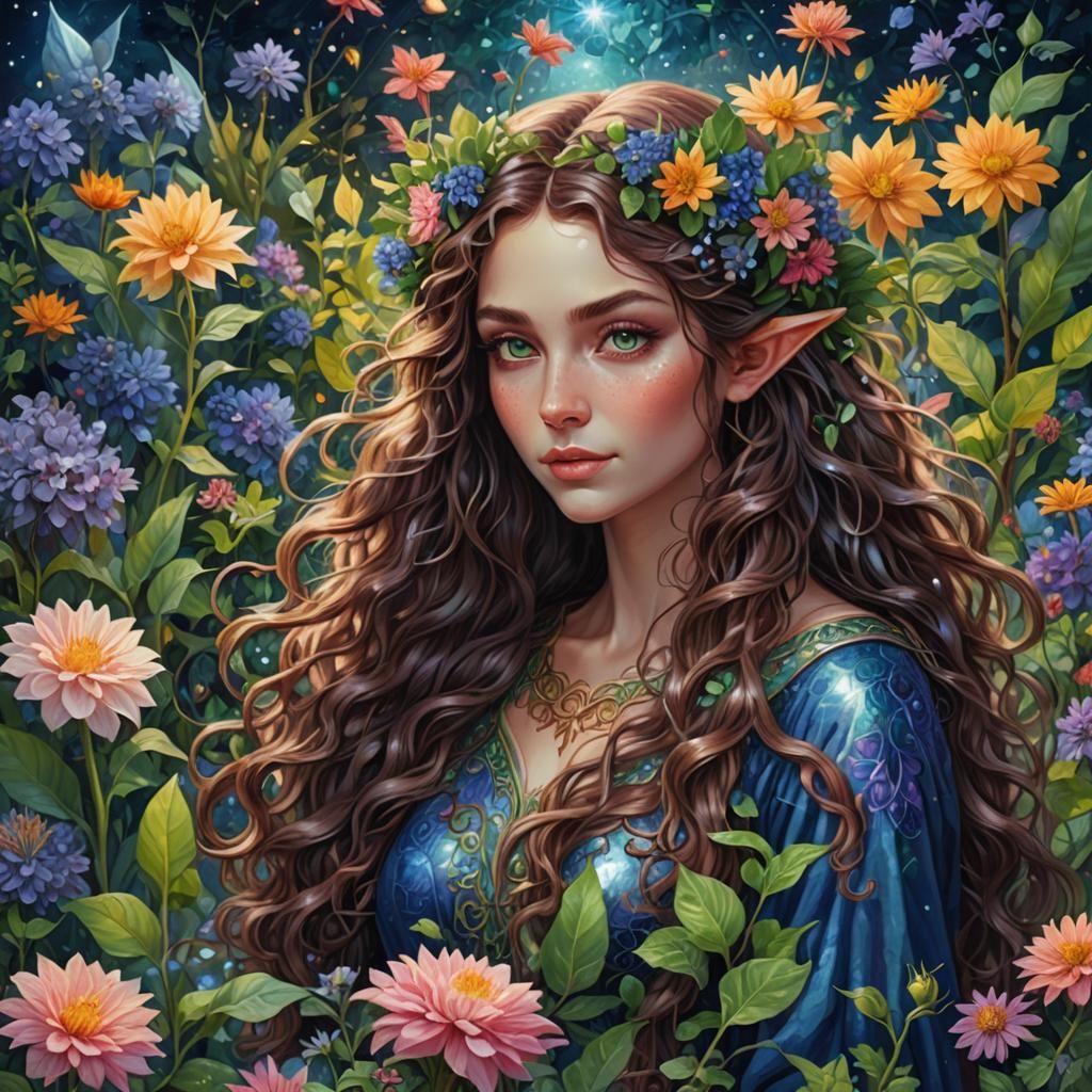 Woman with Elf Ears in Astral Flower Garden