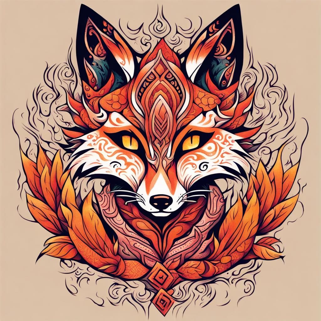 Vibrant Tribal Kitsune Tattoo with Autumn Colors