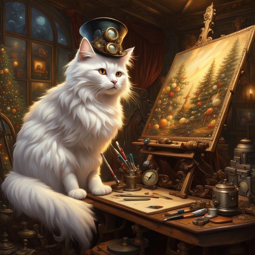 Steampunk Cat Painting Christmas Tree in Art Nouveau Style