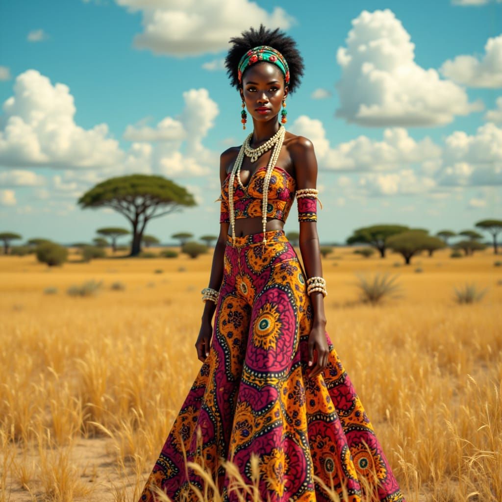 African Beauty in Vibrant Dashiki and Kaftan, Amidst Sun-Kis...