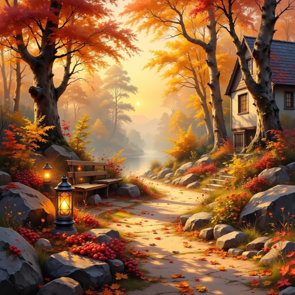 Golden Autumn Scene with Glowing Lanterns and Berries