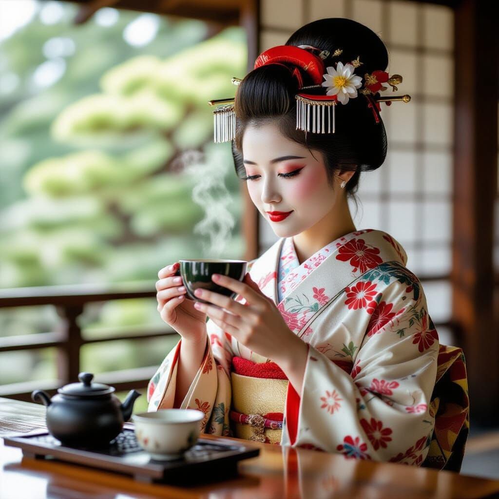 Young Geisha Drinks Tea, 17th Century Photography