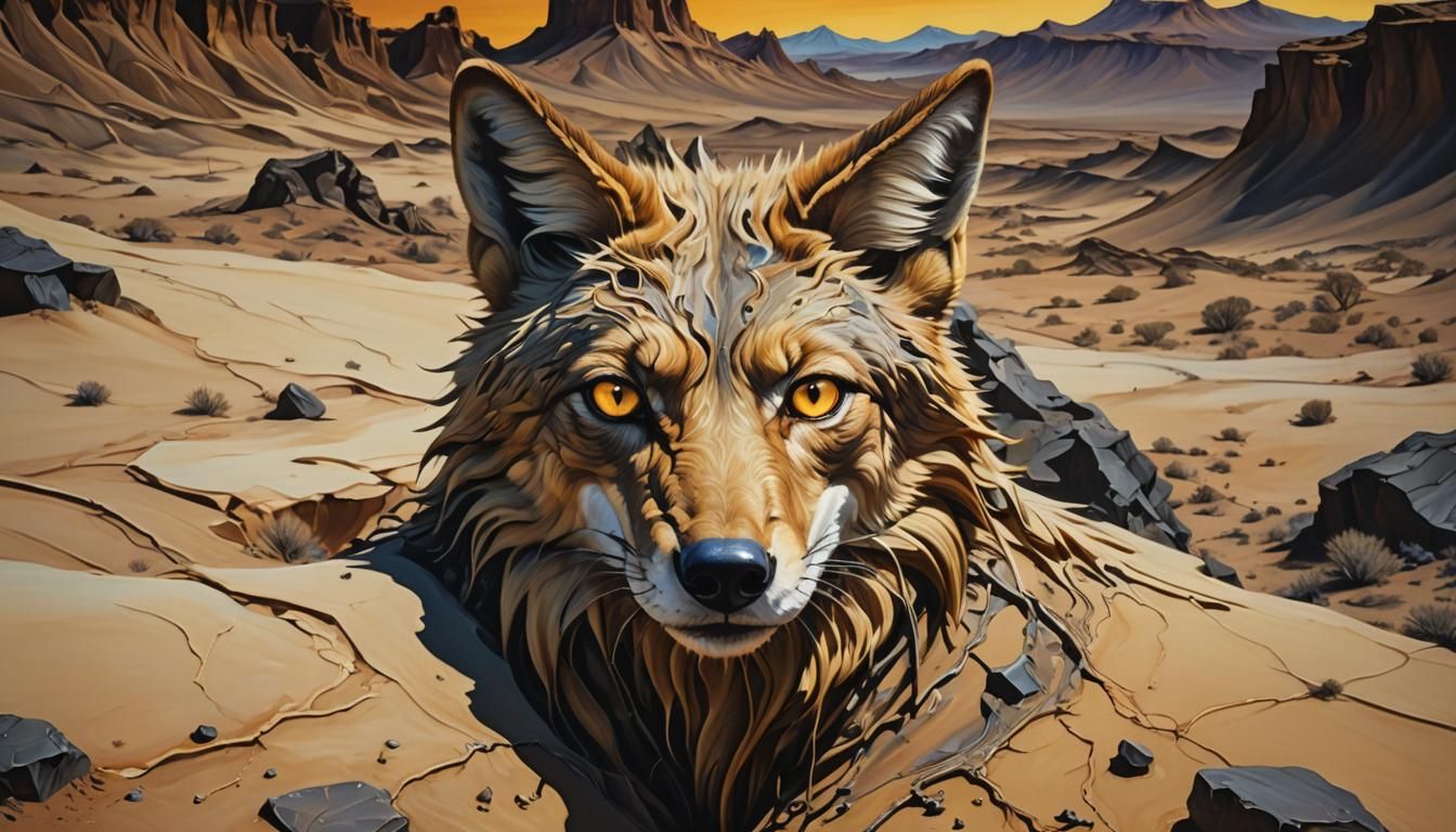 Surreal Coyote Emerges from a Dreamlike Desert Landscape in...