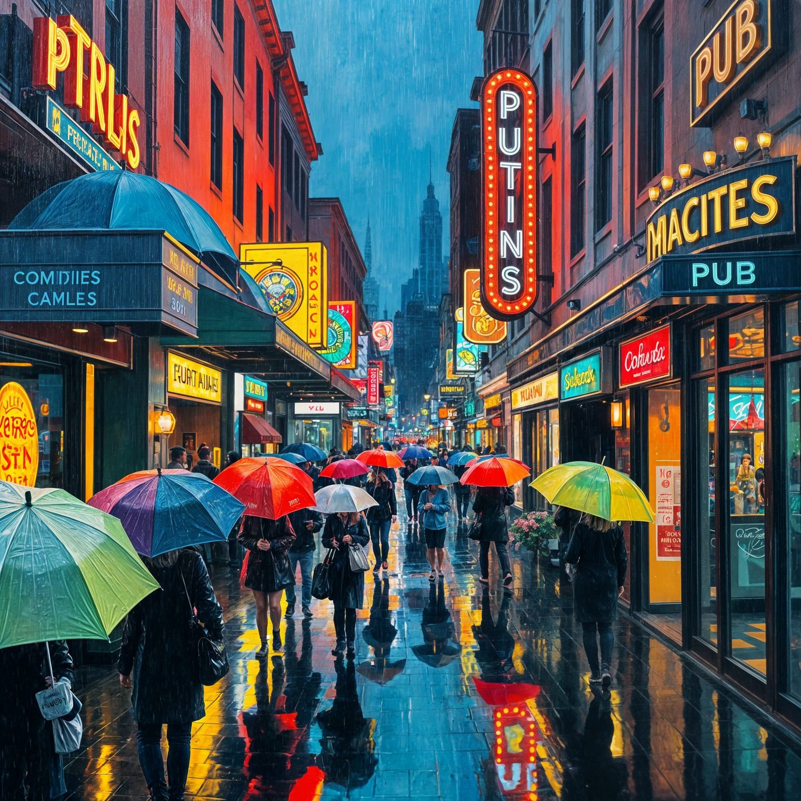 Vibrant Rainy Night in a Bustling City Mall