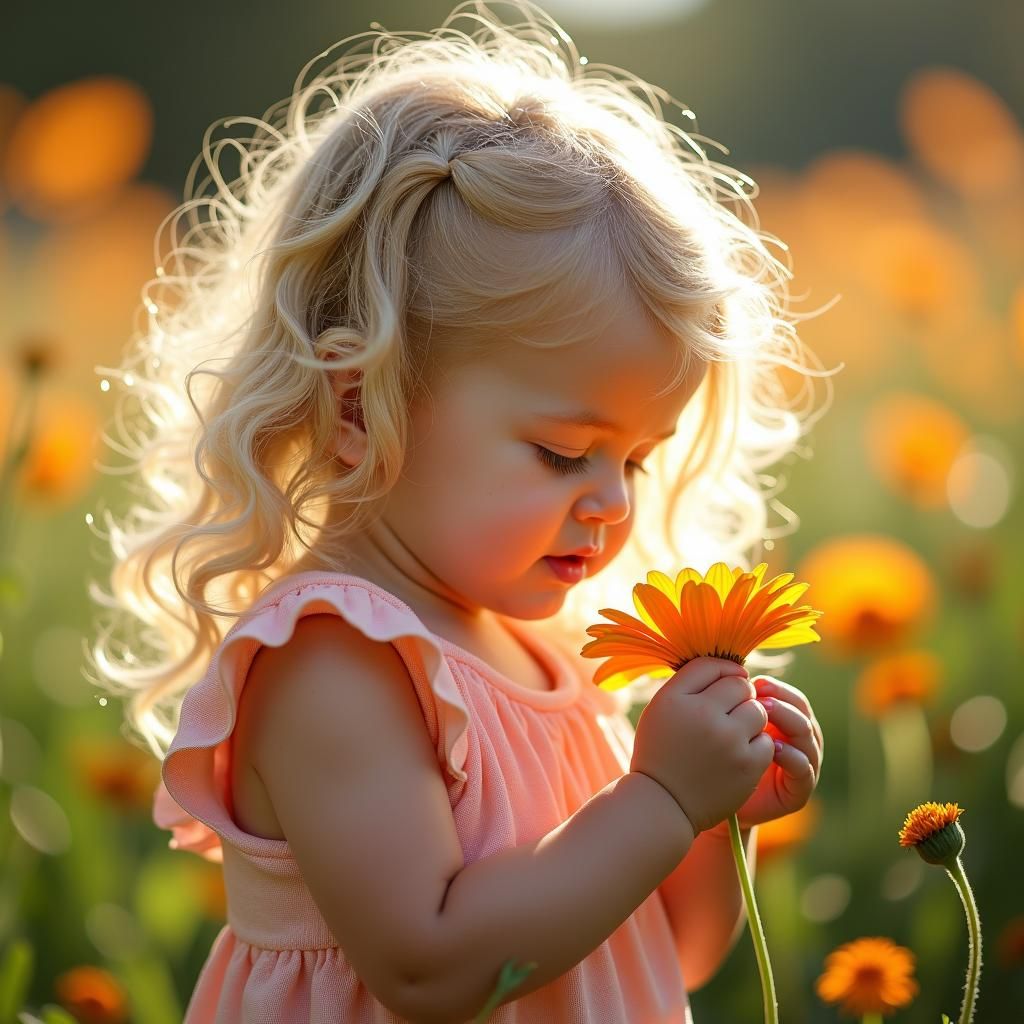 Toddler Smelling Flower in Sunlight: Hyperrealistic Close-up
