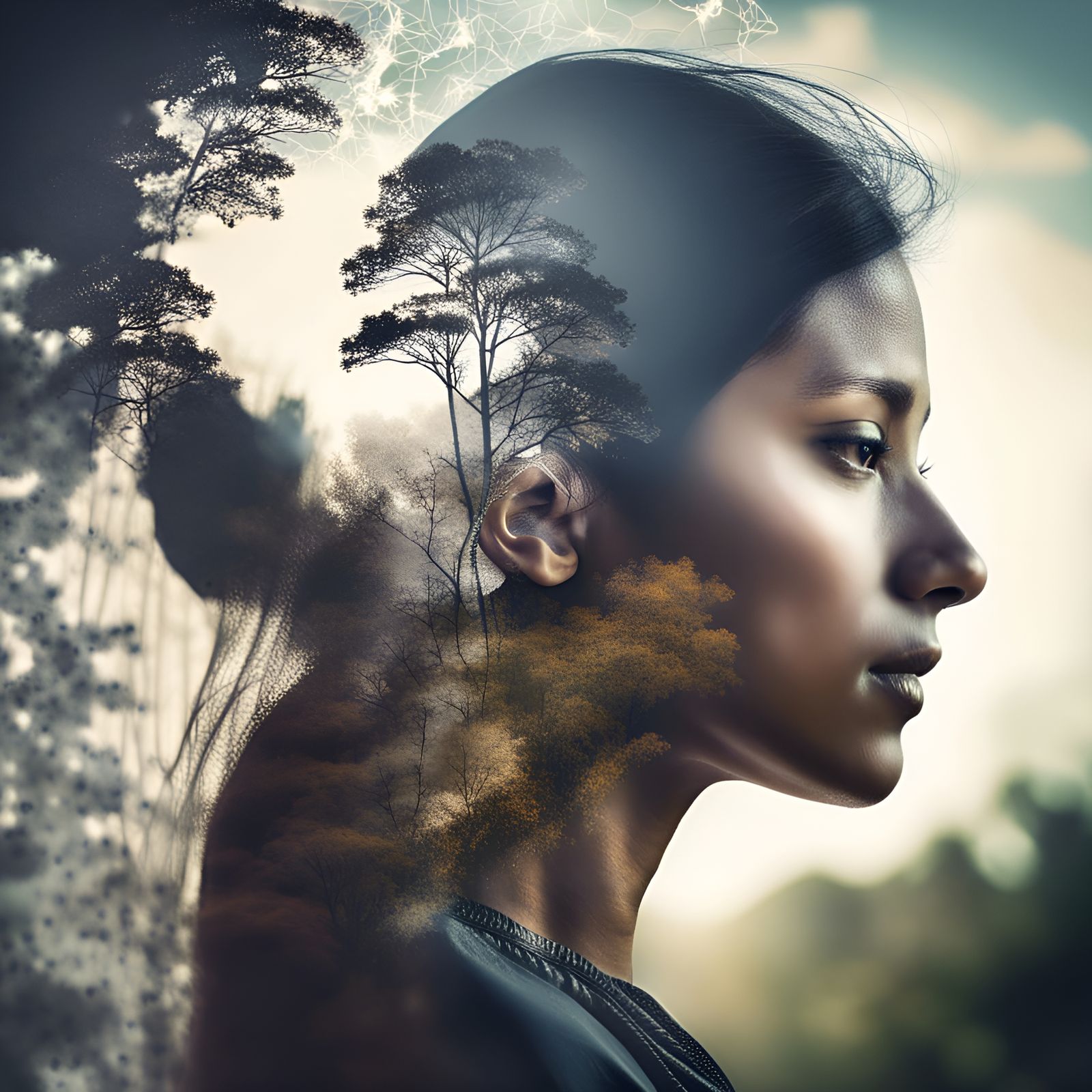 Nature Double Exposure: Woman in Profile