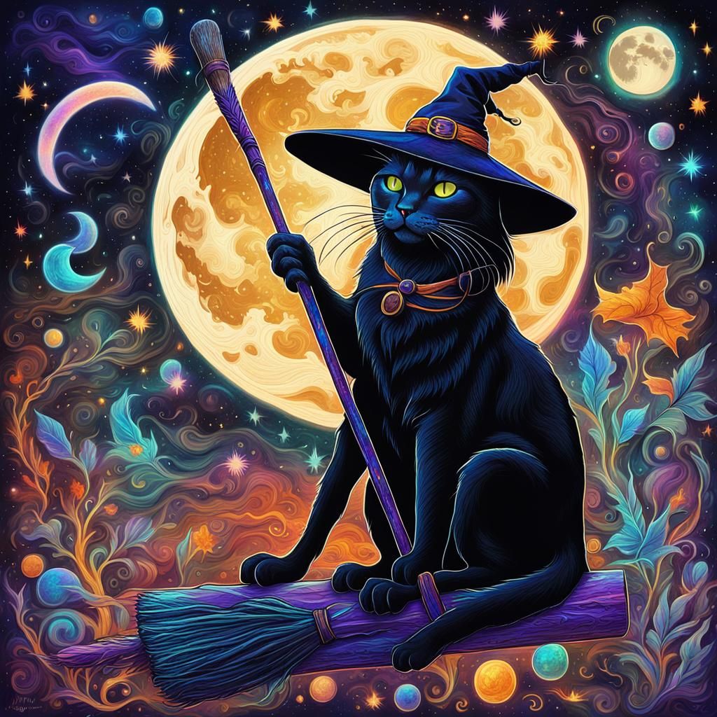 Cosmic Witch with Black Cat Illustration