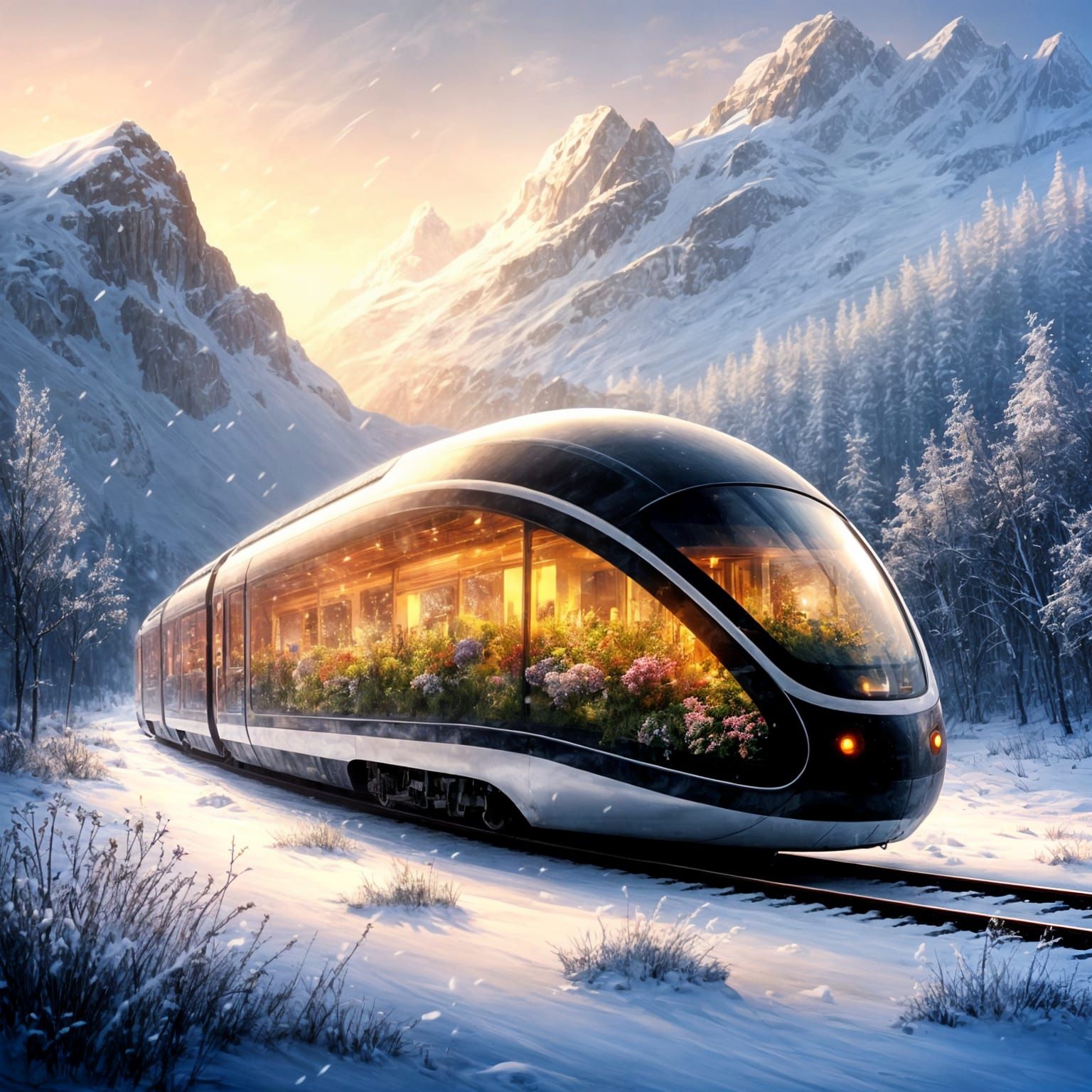 Sleek Train Glides Through Snowy Mountains in Dreamlike Oil ...