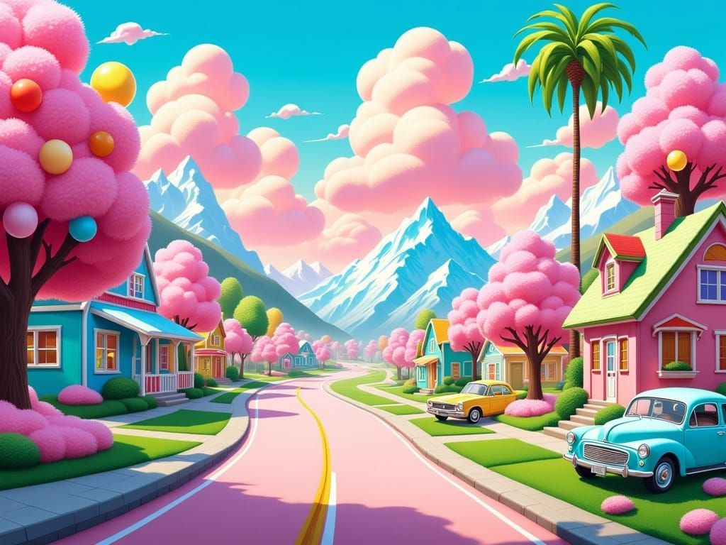 Vibrant World with Pastel Colored Streets and Cars in a Happ...