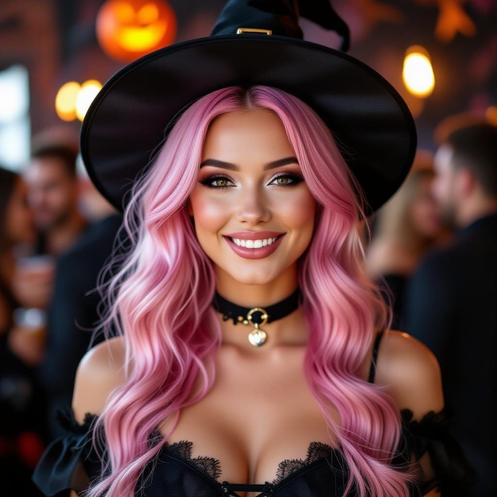 Attractive Pink Haired Woman at Halloween Party