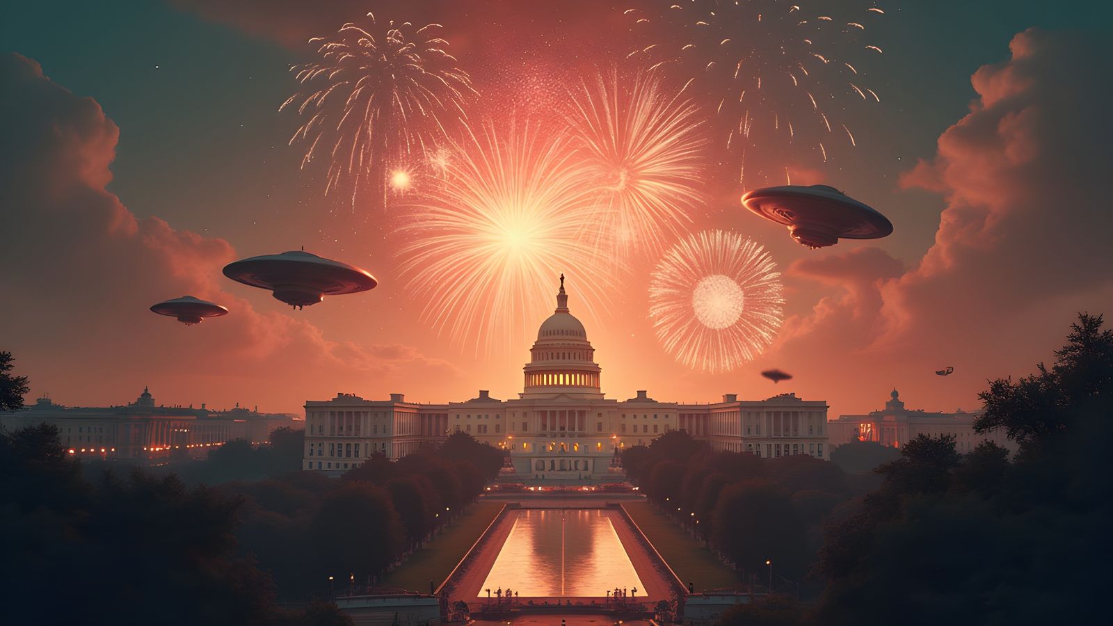 US Capitol Under UFO Attack in Retro Style