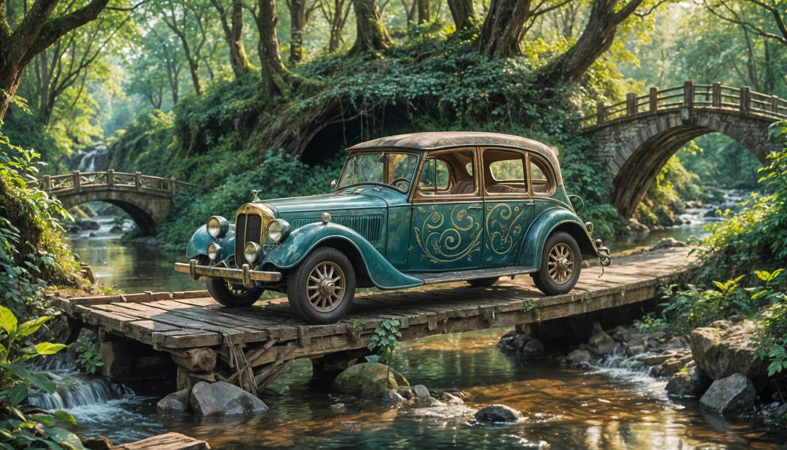 Vivid Fauvist Car Scene in an Enchanted Woods
