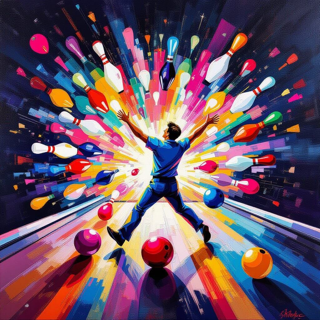 Joyful Bowler Captures Abstract Strike in Neo-Expressionist ...