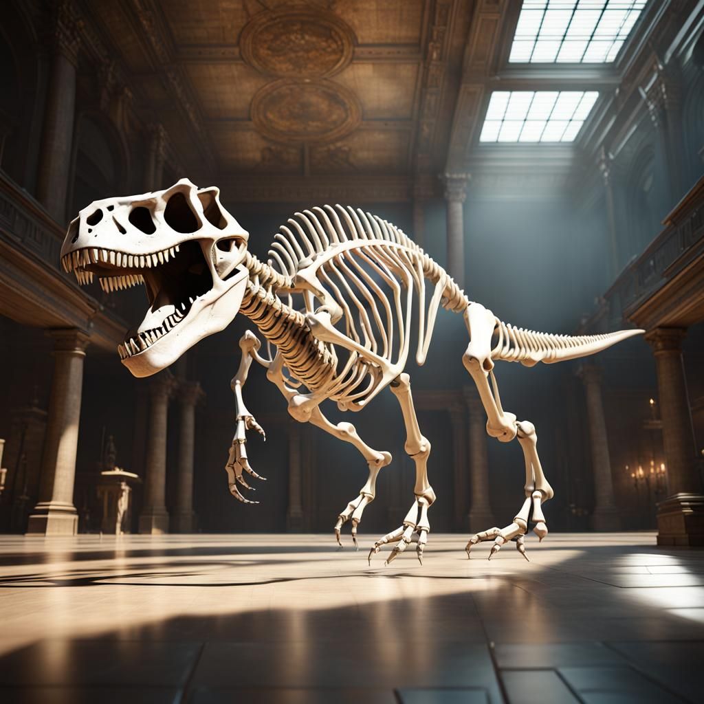 Dinosaur Skeleton Escapes Museum: 3D Cinematic Render