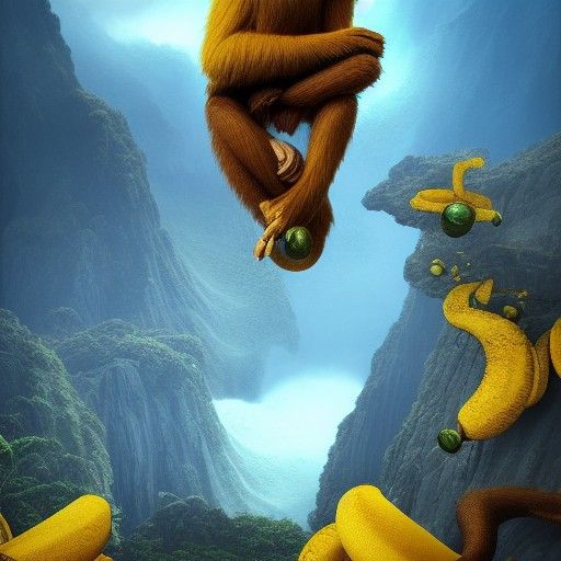 Yellow Monkey Enjoys Banana, Detailed Matte Painting