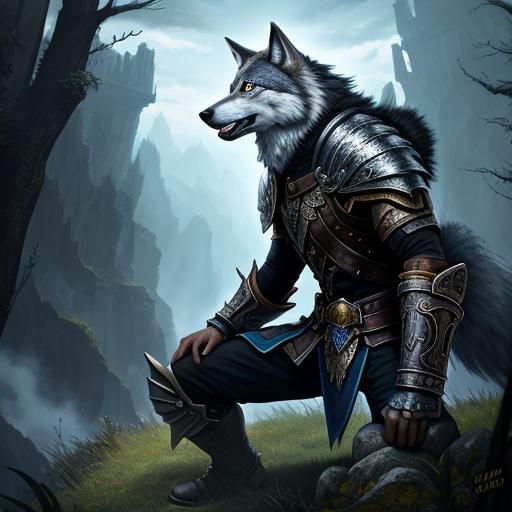 Fantasy Warrior with Wolf Companion