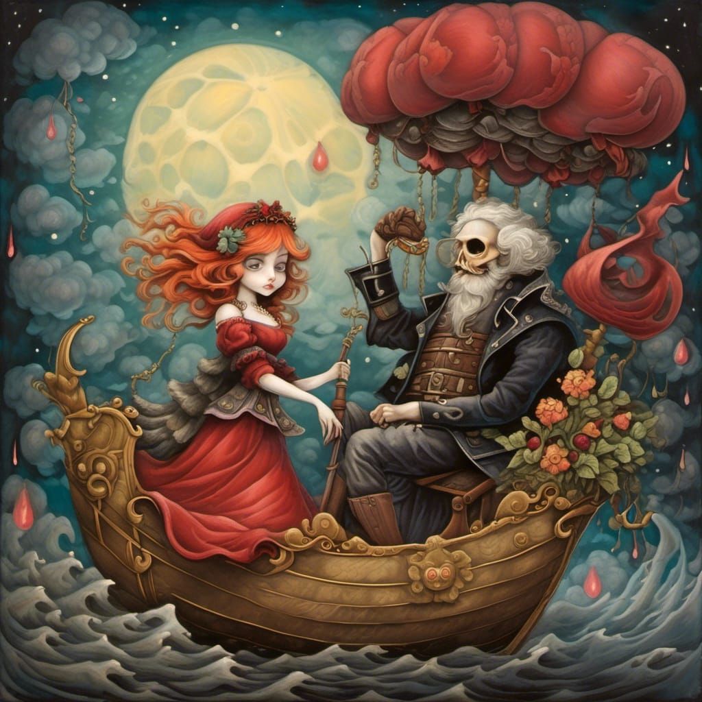 Whimsical Warrior's Voyage: Rococopunk Ink Painting