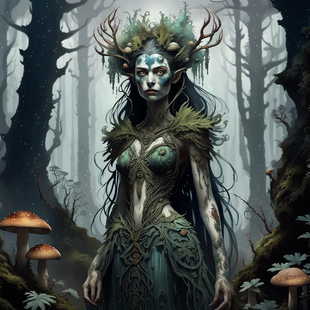 Majestic Druid Woman in Decayed Forest Splattered Ink Painti...