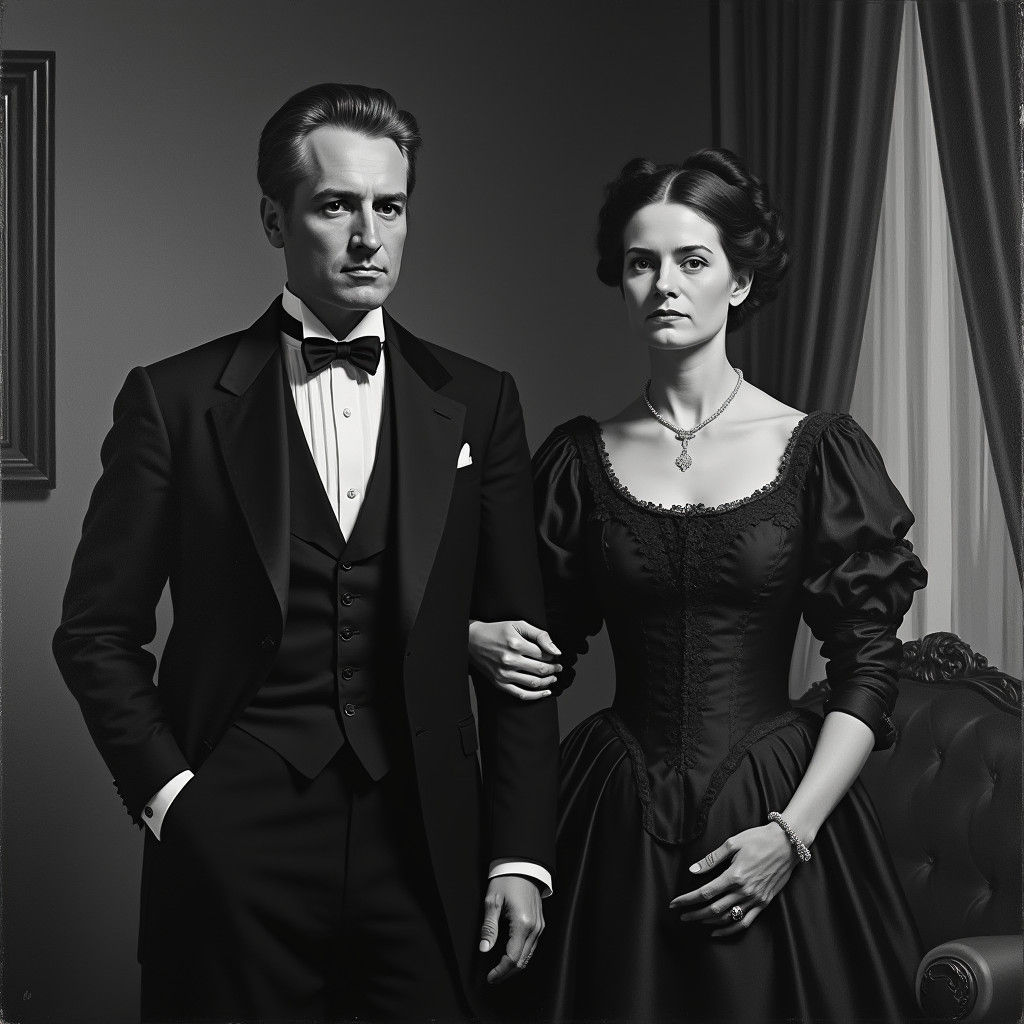 Victorian Couple in Black and White Oil Painting