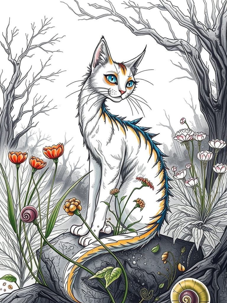 Ethereal Ink Sketch of a Majestic, Long-Necked Cat in a Whim...