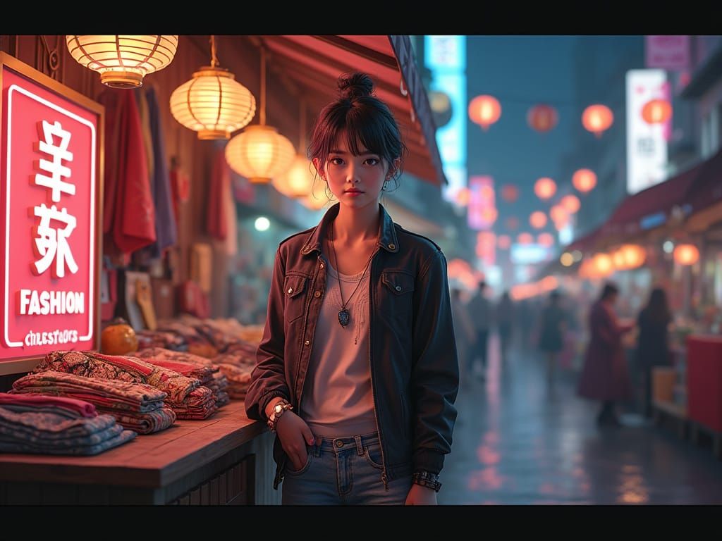 Vibrant Fashion Stall Illuminated in a Late-Night Market