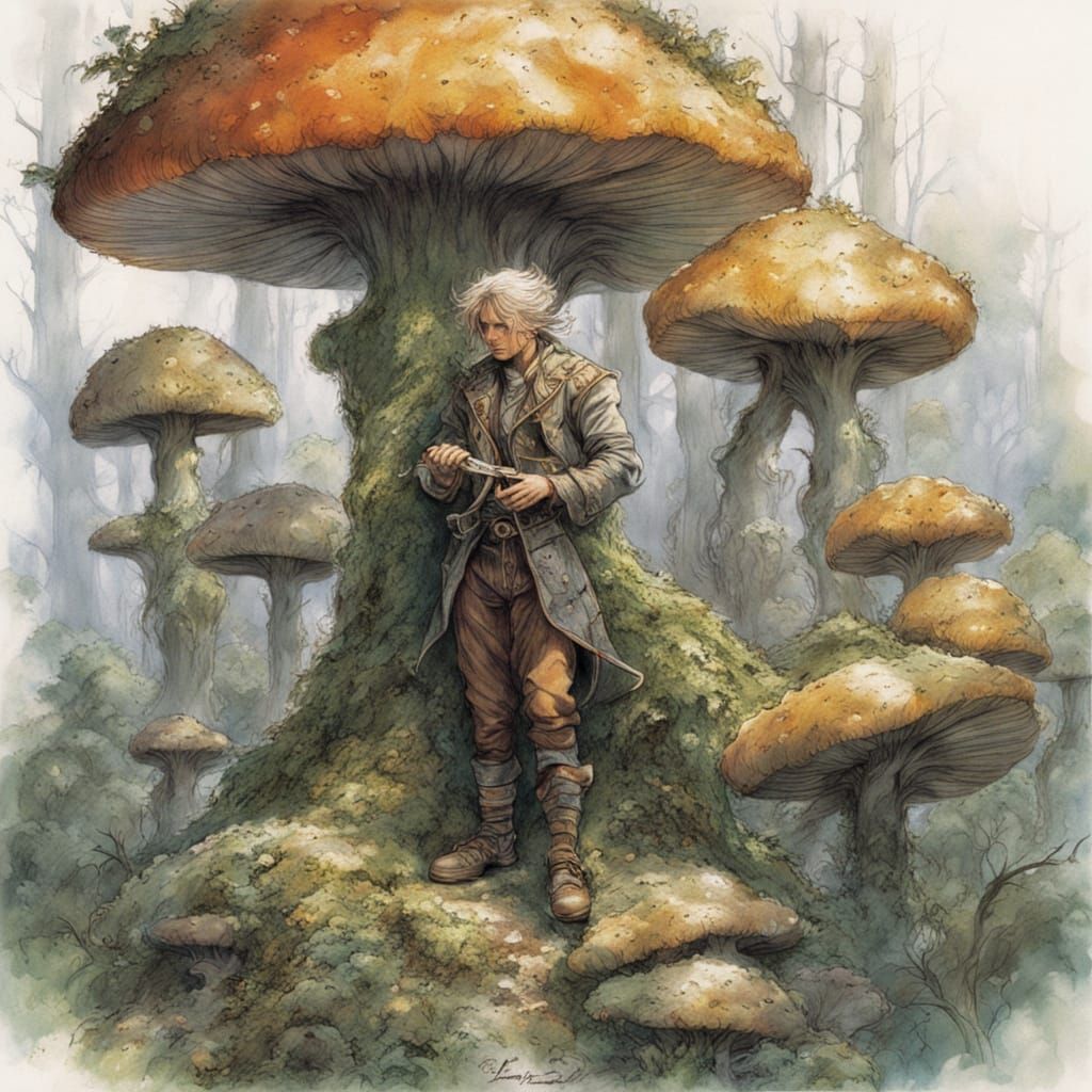 Whimsical Elf Tending Giant Mushrooms in Sunlit Forest