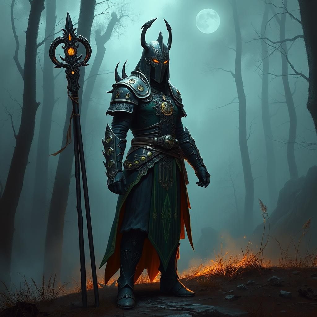 Mystical RPG Warrior in Misty Forest, Oil Painting