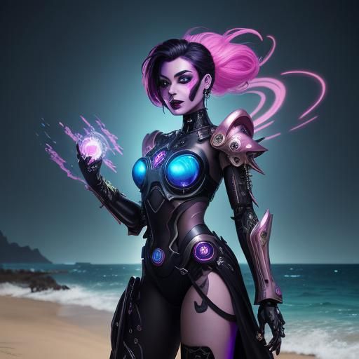 Cyberpunk Cyborg with Energy Katana on Beach