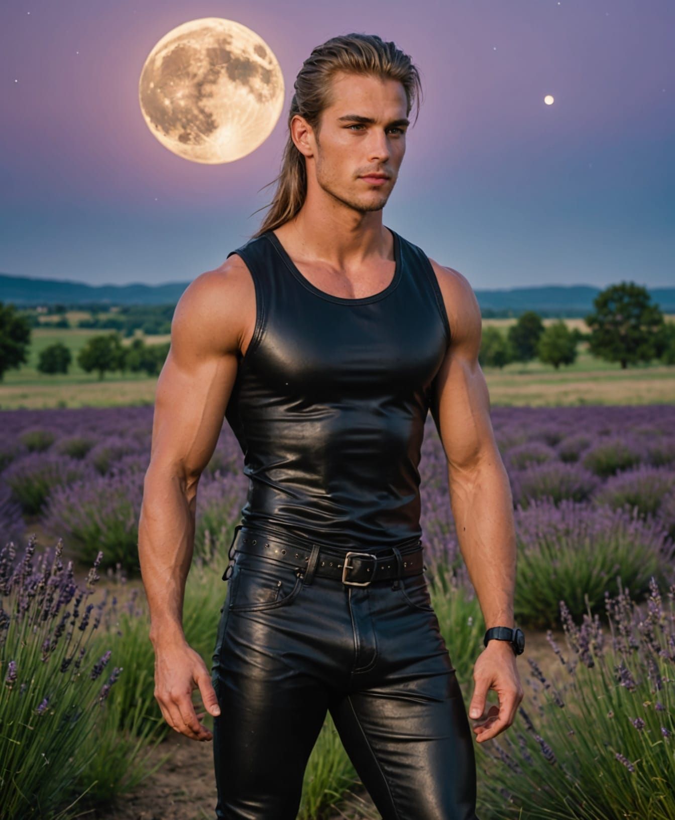 Man in Leather Pants Under Full Moon