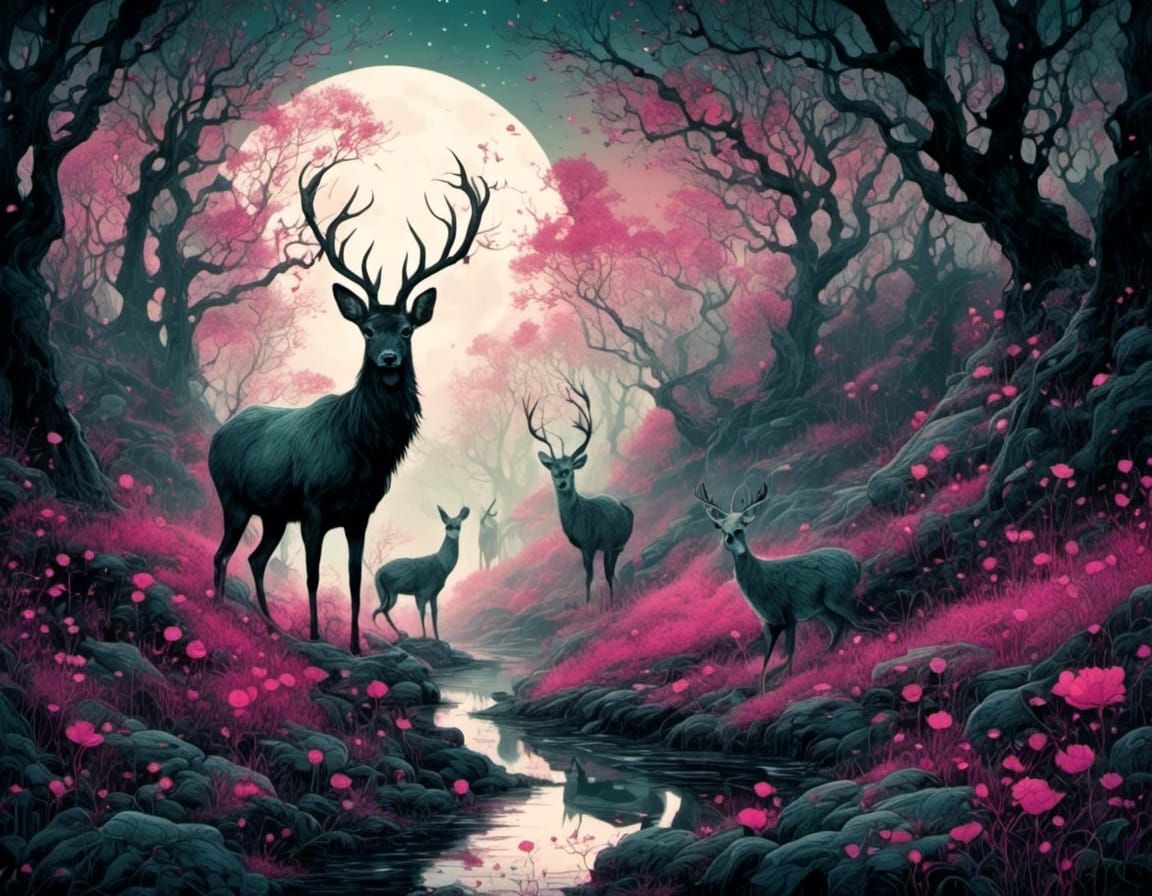 Moonlit Woodland Glade with Magenta Flowers in Ink