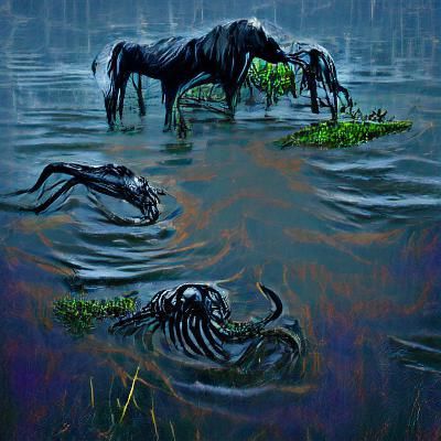 Skeletal Horse Drowning in Dark Bayou Waters
