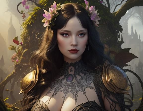 Betty Page. Alice in wonderland, fairytale fantasies. Gothic surrealism. Medium shot. A BBW woman wearing high heels and...