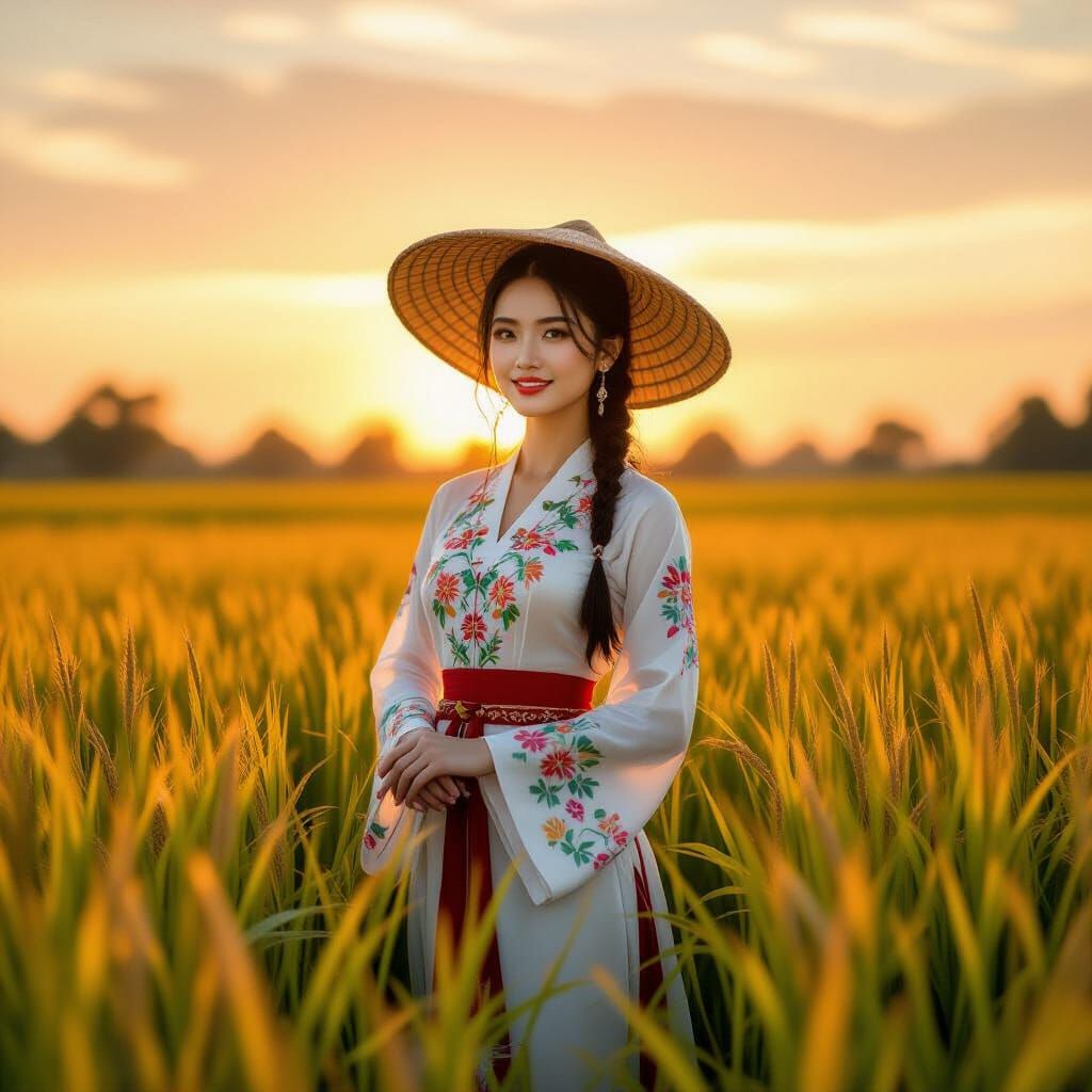 Vietnamese Woman in Áo Dài at Sunset, Photorealistic Portrai...