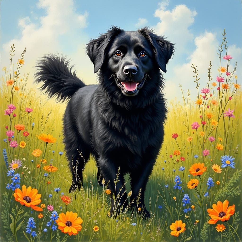 Black Lab Chow Pomeranian Mix in Impressionist Style