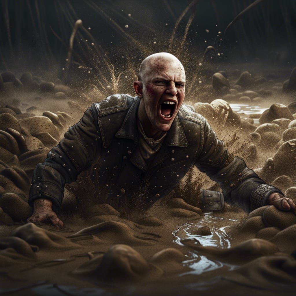 Man's Desperate Struggle in Quicksand: Dark Fantasy Art