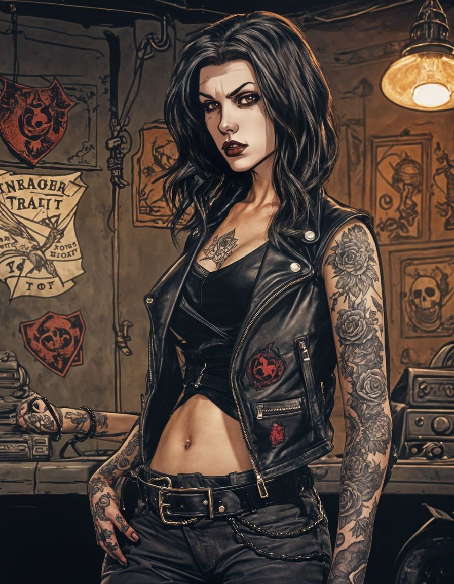 Ugly Vampire Biker Girl in Leather Vest Drawing