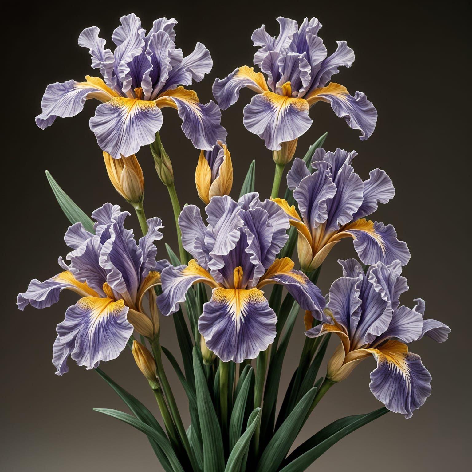 Surreal Clay Sculpture of Luminous Iris Flowers in Full Bloo...