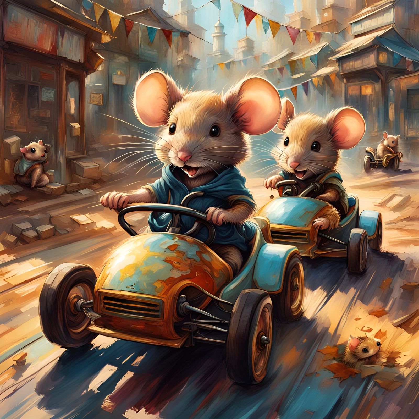 Anime Mice Race in Go-Carts Storybook Illustration