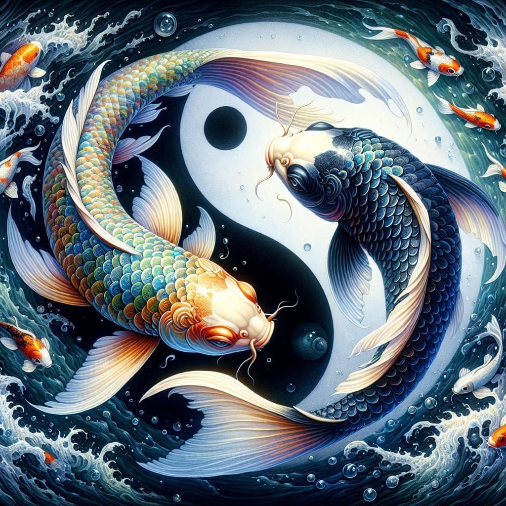 Yin Yang Koi Carp in Japanese Watercolour Style