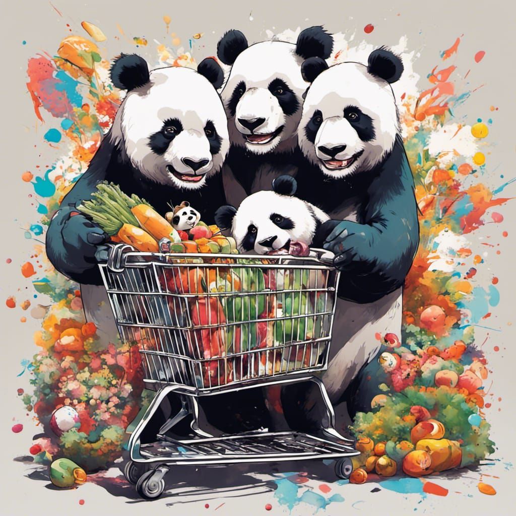 Panda Family Shopping in Japanese Ukiyo-e Style