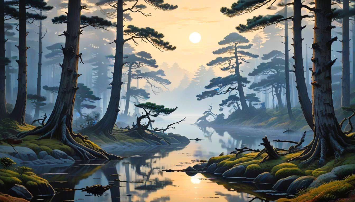 Twisted Pine Forest on Foggy Lake at Dawn in Ukiyo-e Style