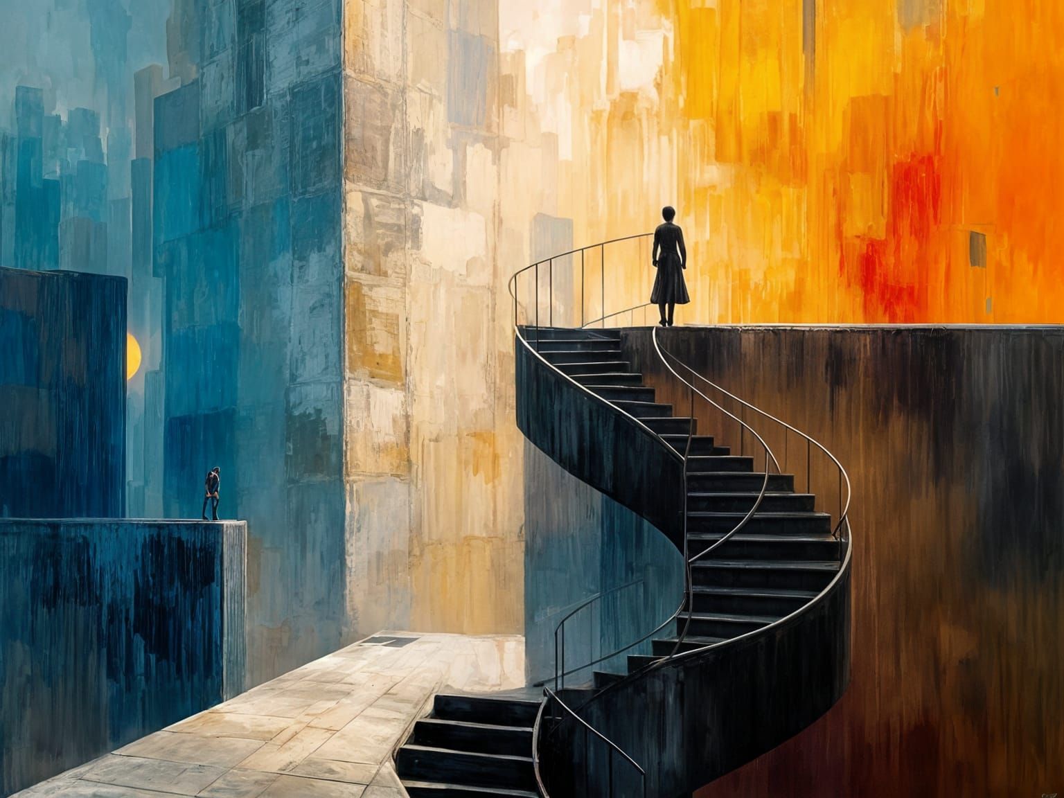 Surreal Twilight Dreamscape with Twisting Staircase