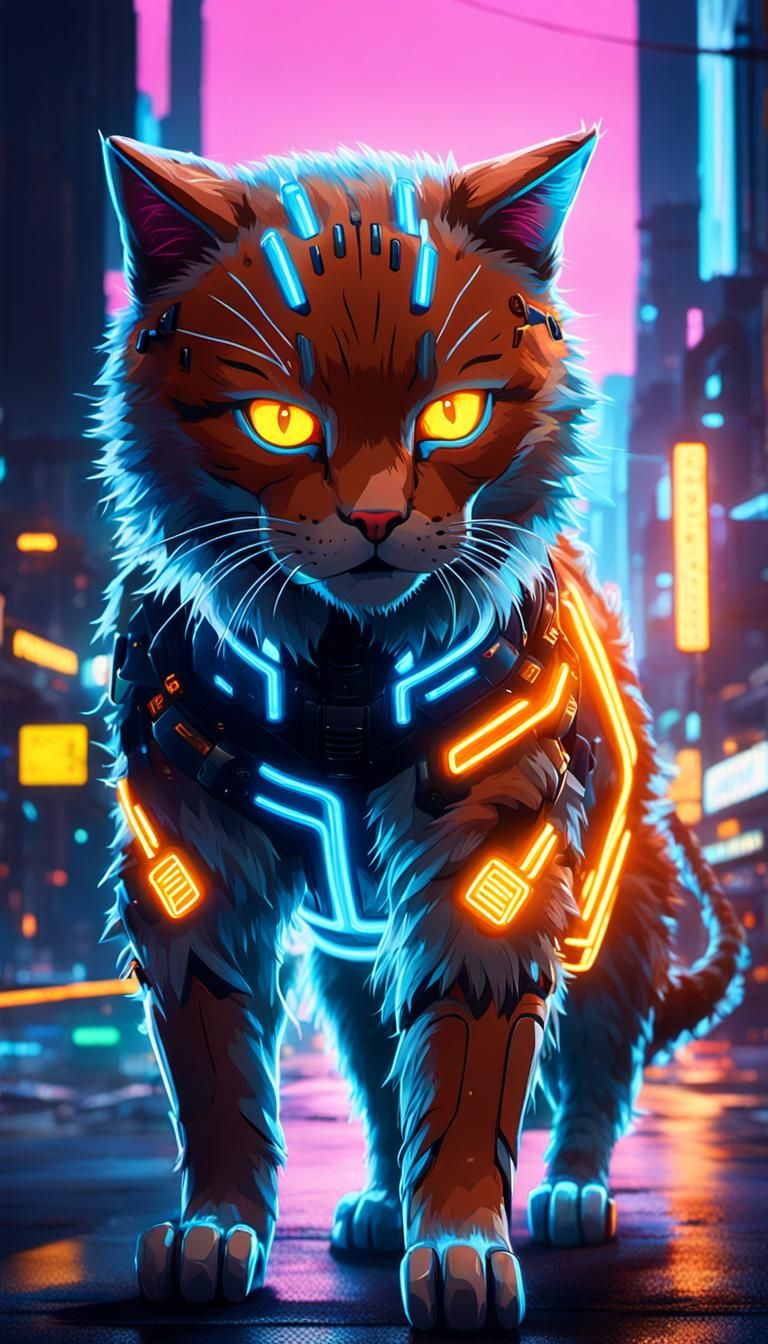 Cyberpunk Orange Cat in Futuristic Cityscape